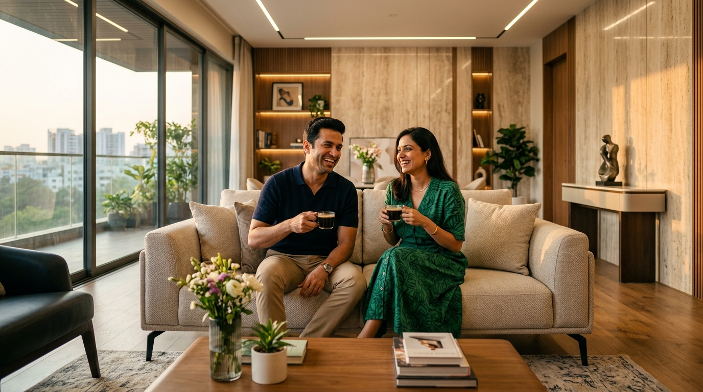 Homeowner enjoying morning tea on their bespoke balcony designed by SK Interior Designer