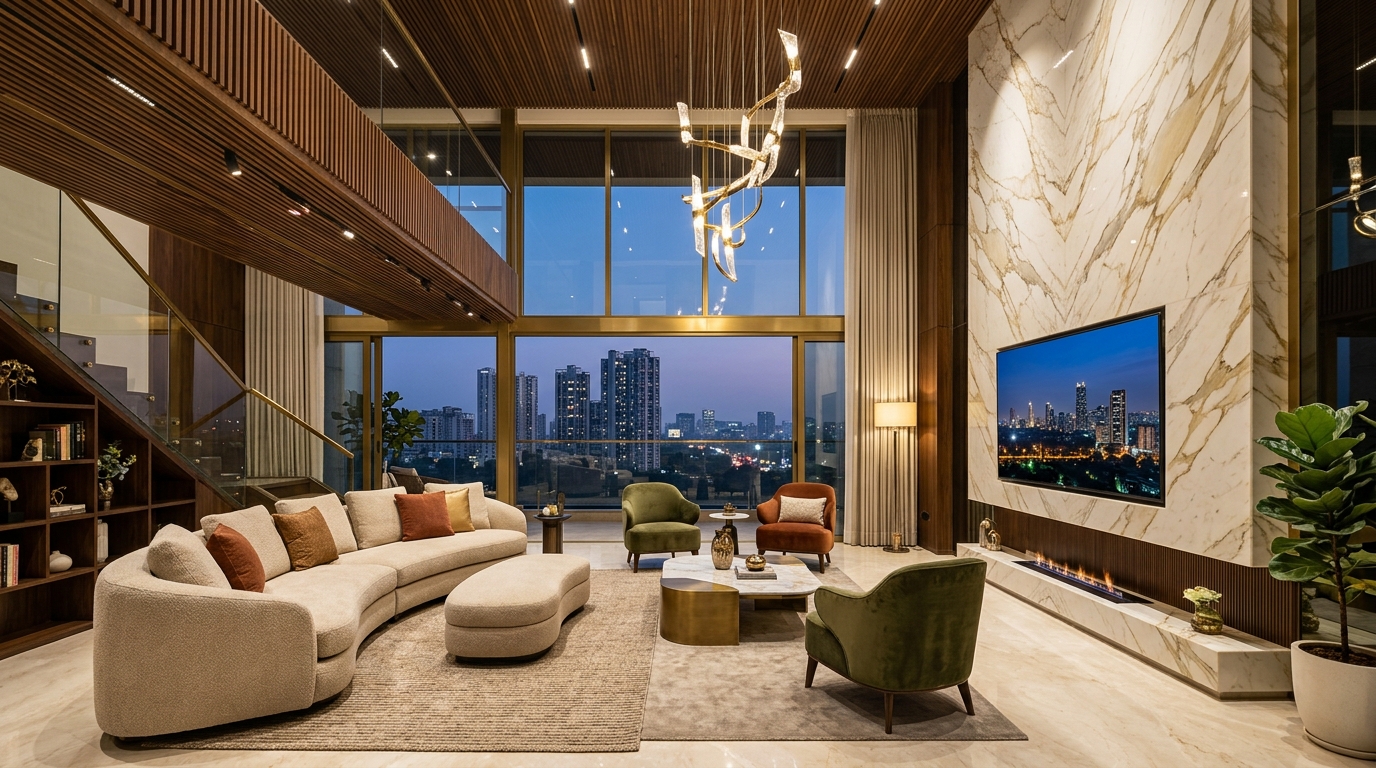 Double-height living room interior design by SK Interior Designer