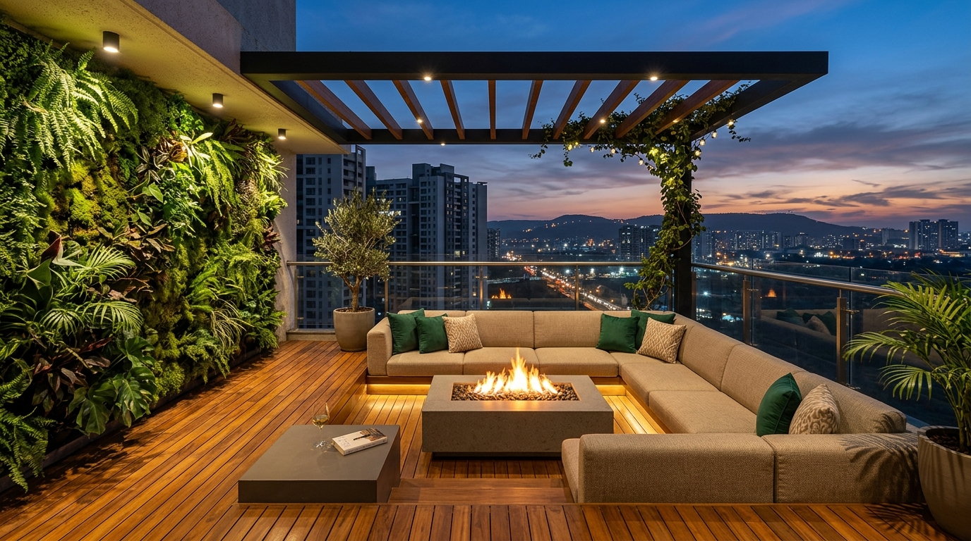 Penthouse Terrace interior design with fire pit overlooking Pune skyline